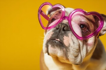 Humorous bulldog portrait features a dog wearing large, bright pink heart-shaped novelty eyeglasses against a solid yellow background © AlparadiseDesign