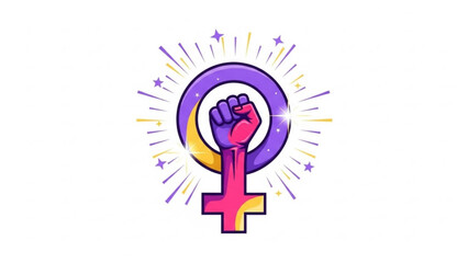 Vibrant feminist symbol with raised fist and colorful starburst design elements for social justice and equality campaigns with empowerment and feminism