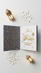 ​Ramadan Kareem Greeting Card Mockup with 3D Islamic Ornaments and Lanterns