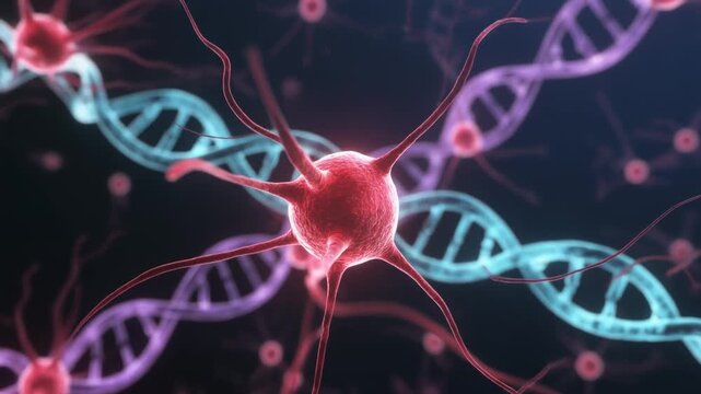Neuron cells with DNA strands intertwined in a dark, microscopic environment.