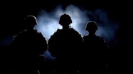 Under a shadowy backdrop, three soldiers stand strong and united, their figures outlined against the faint light, symbolizing bravery and camaraderie in adversity