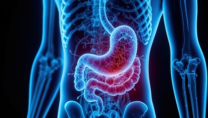 Human digestive system with highlighted inflamed stomach