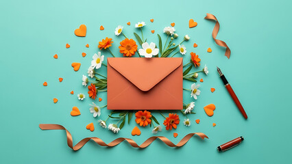 Heartfelt Coral Envelope Adorned with Delicate Spring Flowers, Orange Hearts, and Ribbon on a Vibrant Teal Background, Symbolizing Love and Messages
