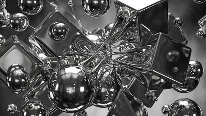 Dynamic metallic abstract composition with reflective geometric shapes and intricate connections