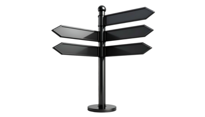 Shiny black metal directional sign with multiple blank arrows on a black background