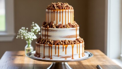 Caramel drip celebration cake with nuts on wooden stand