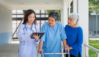 doctor is talking to  woman in  blue uniform