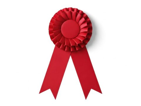 A single red rosette ribbon award on a white background