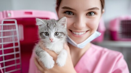 In a vibrant veterinary clinic, a caring veterinarian in a mask gently cradles an adorable gray and white kitten. The surrounding pink accents create a warm, welcoming environment for pets