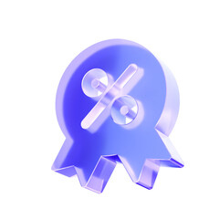3D Glass percentage badge icon, award ribbon with percent symbol discounts sales and promotional offers. Transparent liquid Glass design icon, trending glass icon for graphic design, 3d illustration.