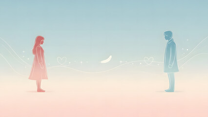 Cartoon illustration of a fashion girl in a white dress depicted as an angel and devil silhouette with a heart icon for a holiday card design