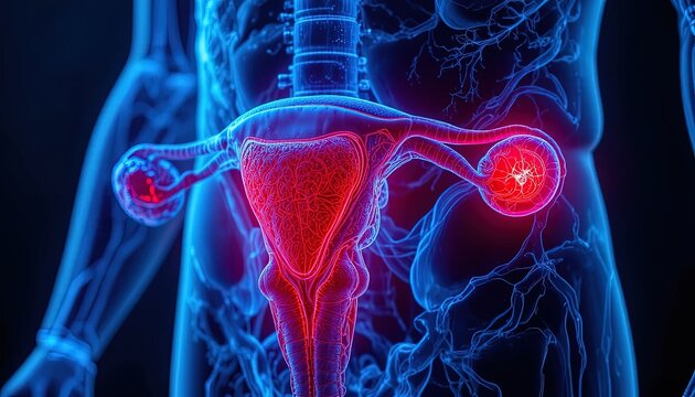 Human female reproductive system with highlighted ovaries and uterus