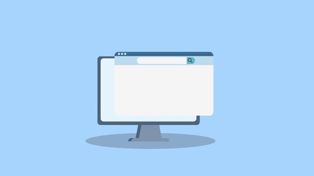 Clean flat illustration of a desktop monitor displaying a browser window interface, representing web technology, software applications, online services, and modern digital workspace concepts.
