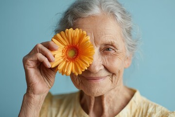 Elderly woman with gray hair playfully covers one eye with a vibrant orange blossom