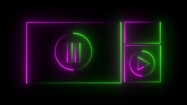 Live streaming frame icon animation glowing neon green and violet color template for streamers with play pause and circle rectangle with live show sign symbol on black background. 4k