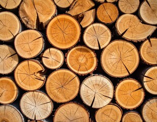 Fototapeta premium Close-up of neatly arranged, cut tree logs with visible growth rings and natural wood textures. Various sizes create a visual pattern