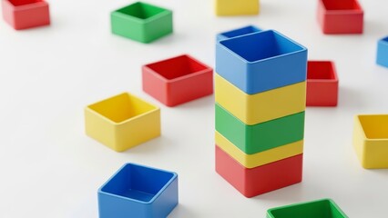 Obraz premium Colorful Wooden Blocks Stacked on White Background.