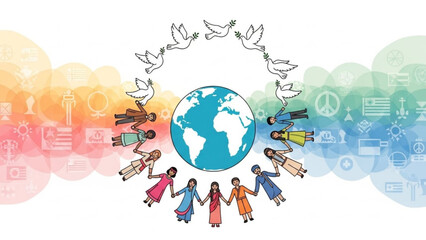 Diverse people holding hands around the Earth surrounded by doves and symbols of peace and unity illustration for global harmony