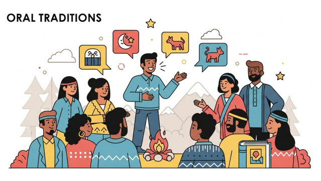 Diverse group listening to storyteller oral traditions concept flat vector illustration with cultural symbols and campfire