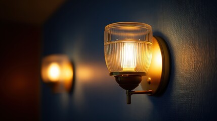 Illuminated brass wall sconce with ribbed glass shade casts warm light on textured blue surface