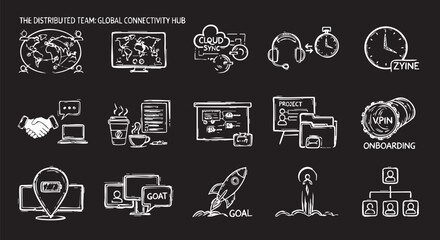 Collection of chalk-drawn icons representing global connectivity, business, and technology concepts on a dark background.