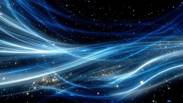Abstract blue glowing lines and stars on a dark background.