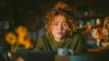 Young Woman with Curly Hair Sitting in Cozy Cafe in Warm Light