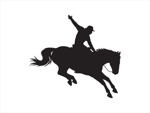 Bold black vector silhouette of cowboy riding bucking bronco vector, A cowboy rides a bucking bronco in a rodeo silhouette vector illustration