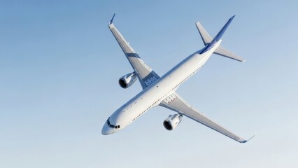 Obraz premium A modern white passenger airplane soaring through a clear blue sky, viewed from below at an angle, showcasing its sleek design.