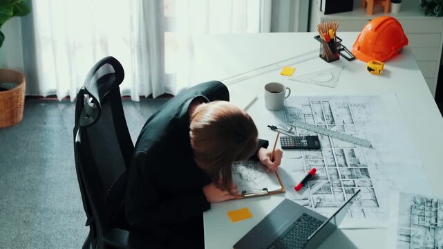 Top view of architect engineer drink coffee and draw blueprint at meeting table with equipment and safety helmet scatter around. Aerial view of project manager looking at project plan. Alimentation.
