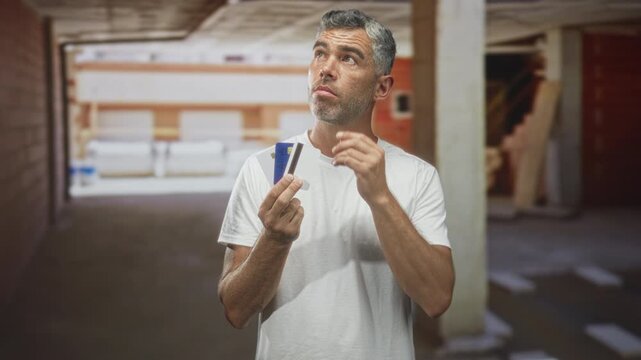 Man middle aged with grey hair holding several creditcards fanned in right hand, finger to chin thinking in an unfinished building; financial worry.