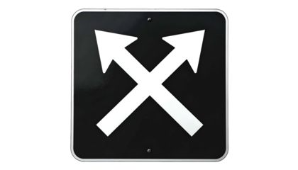 Black square road sign with white crossed arrows pointing in opposing directions