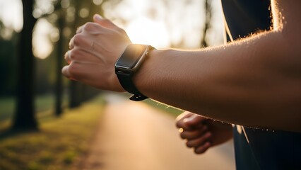 Close up of a runner wearing a smartwatch while jogging in a park at sunset