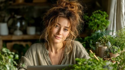 Woman with Natural Beauty Surrounded by Green Plants in Home Office