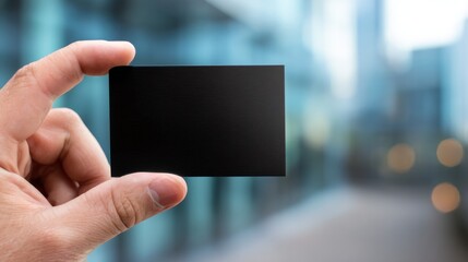 Hand holding blank black business card for custom branding and professional networking on blurred background