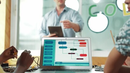 Back view of diverse student coding system while learning program. Teacher standing while explain about engineering code or prompt while sitting at table with electronic tool placed. Edification