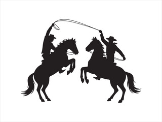 A cowboy riding a horse in a dramatic silhouette, Cowboy silhouette, horse rearing, lasso action, Western Cowboy Style Vector