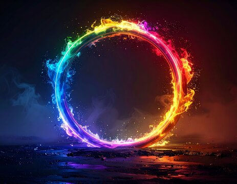 Illuminated ring of fiery colors hovering over a dark surface