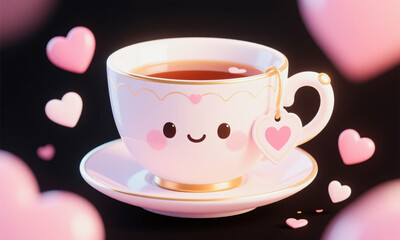 Fototapeta premium Cute teacup character with heart-shaped tea tag pastel colors luxury cute Valentine Generative AI