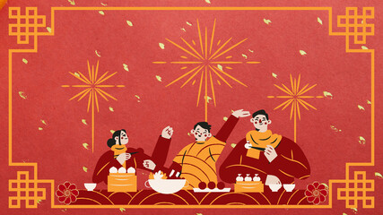 Chinese New Year 2026 illustration featuring festive family dinner and fireworks, symbolizing unity, prosperity, and joyful celebration. Perfect for corporate greetings and seasonal marketing © Gao