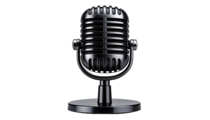 A vintage, chrome microphone with a circular head and stand, against a black backdrop