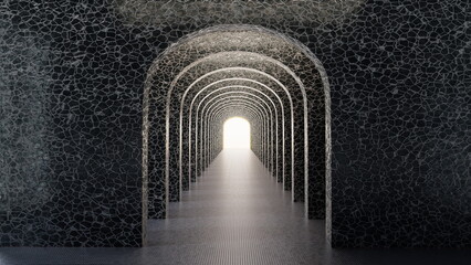 dark stone corridor features multiple arches leading to a bright light. pathway is clear, creating a sense of movement toward the open space at the end