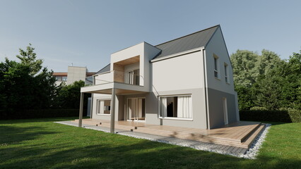 Fototapeta premium new house stands in a suburban area with a large open yard. house has a simple design with a wooden deck and large windows allowing for natural light. Trees surround the property. 3d render