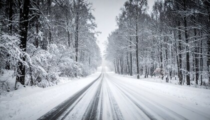 Snowy road through a winter forest, leading towards a hazy horizon. Trees line the path