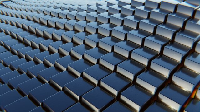 Rows of small black squares create a repeating pattern. Light reflects off the surface, enhancing the shapes made by the arrangement. scene shows a modern design concept. 3d render