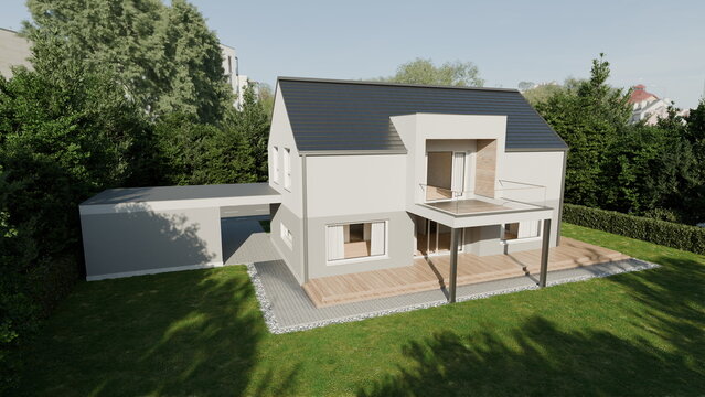 contemporary house sits in a green backyard with a wooden deck. structure features large windows and a simple design. Nearby trees create a natural setting for the home. 3d render