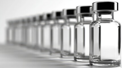 Row of empty glass medical vials with silver and black stoppers recedes into soft focus background
