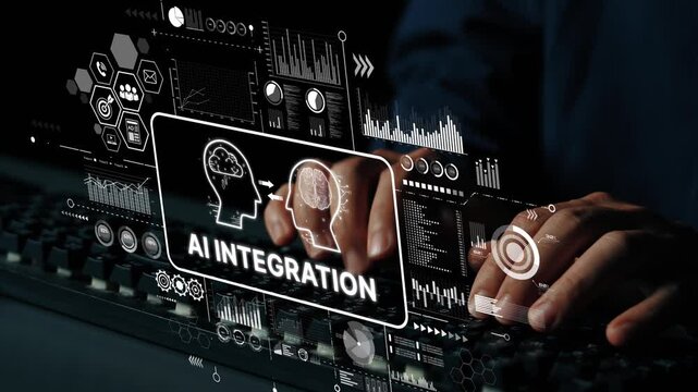Innovative AI Integration Concept with Hands and Data Visualization for Technology and Business Growth. Asymptotic smart data analytic.