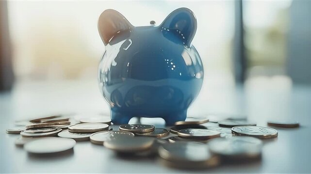 Blue piggy bank with dollar sign and scattered coins symbolizing cost capital investment coin bank