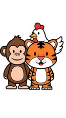 Naklejka premium Monkey tiger and chicken cartoon friends.